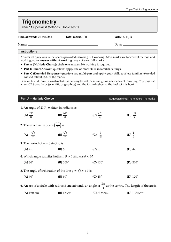 Sample: first page of Topic Test 1, Trigonometry